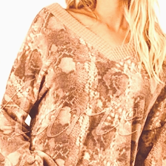 Snake Print Soft Brushed Off Shoulder Long Sleeve Sweater Top - Picture 8 of 12